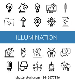 Set of illumination icons such as Light bulb, Idea, Desk lamp, Lamp, Lightbulb, Wall lamp, Candle, Chandelier , illumination