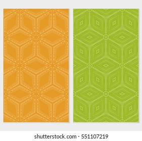 set of Illusion Cube Patterns. Modern Geometry ornament. Seamless Vector illustration. Decorative texture for design wallpaper, web page, banner, flyer. orange, green background