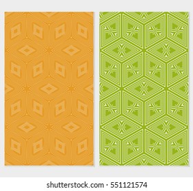 set of Illusion Cube Patterns. Modern Geometry ornament. Seamless Vector illustration. Decorative texture for design wallpaper, web page, banner, flyer. orange, green background