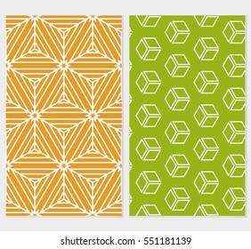 set of Illusion Cube Patterns. Modern Geometry ornament. Seamless Vector illustration. Decorative texture for design wallpaper, web page, banner, flyer. orange, green background