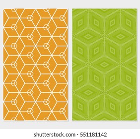 set of Illusion Cube Patterns. Modern Geometry ornament. Seamless Vector illustration. Decorative texture for design wallpaper, web page, banner, flyer. orange, green background