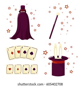 A set of the illusionist. Magician, rabbit, cards and magic wand. Isolated