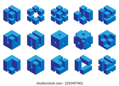 A set of illusory cubes. Cube logo icons vector design. Symbol with three-dimensional effect. Vector illustration.