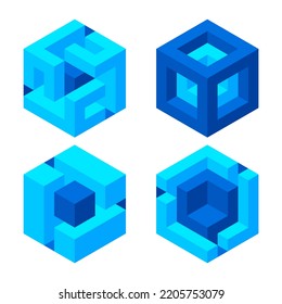 Set of illusory cubes made of blocks. The isometric cube turns in different angles. Math objects with mental tricks. Brain optical illusion. Symbol with three-dimensional effect.