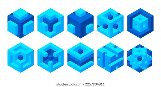 Set of illusory cubes made of blocks. The isometric cube turns in different angles. Math objects with mental tricks. Brain optical illusion. Symbol with three-dimensional effect.