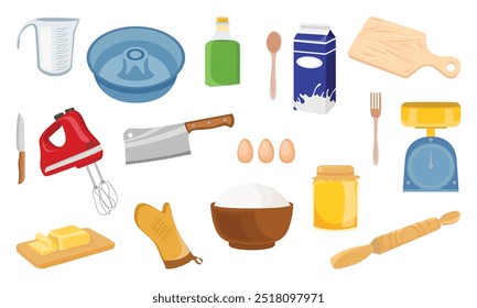 A set of illustrated baking and cooking supplies, including utensils, ingredients, and tools.