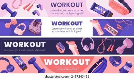 Conjunto de Anuncios ilustrados con varios equipos de entrenamiento, incluyendo mancuernas, barras de proteínas, cuerdas de salto, auriculares y ropa deportiva. Equipo de fitness y ejercicio.