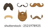 Set of illustrated beard and mustache styles in different colors and shapes, perfect for design and character customization.