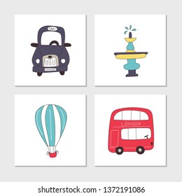 Set of illustrated cards with cute and fun hand drawn elements. Vector illustration
