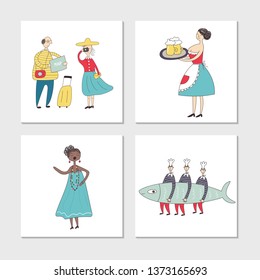Set of illustrated cards with cute and fun hand drawn characters and elements. Vector illustration