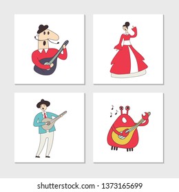 Set of illustrated cards with cute and fun hand drawn characters and elements. Vector illustration