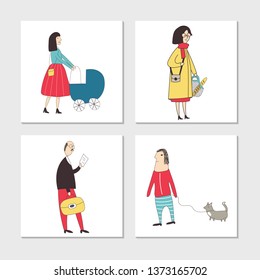 Set of illustrated cards with cute and fun hand drawn characters and elements. Vector illustration