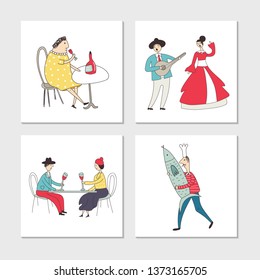 Set of illustrated cards with cute and fun hand drawn characters and elements. Vector illustration