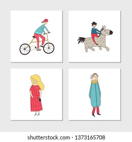 Set of illustrated cards with cute and fun hand drawn characters and elements. Vector illustration