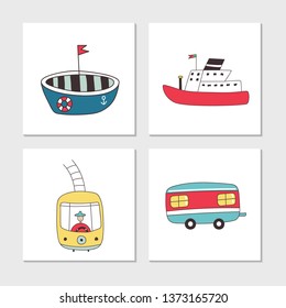 Set of illustrated cards with cute and fun hand drawn transport elements. Vector illustration