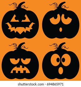 Set of illustrated cartoon jack-o-lantern silhouettes.