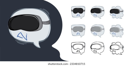 Set of illustrated chatbot icons. Creative hand drawn concept of ai characters. Visualization of chat bot as text bubble with vr headset. Flat graphic vector illustration isolated on white background.
