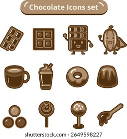 A set of illustrated chocolate icons, including bars, drinks, and sweets.
