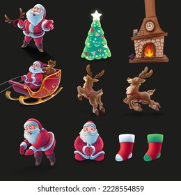 set of illustrated christmas icons with santa claus reindeer fireplace tree stocking