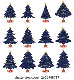A set of illustrated Christmas trees featuring various shapes, decorations, and gift boxes, showcasing holiday cheer and festive spirit can be used for printed materials-posters, greeting card.