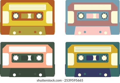 Set of illustrated colorful cassettes isolated on white