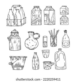 Set of illustrated containers for milk and dairy products. Packs, glasses, bottles, jars, buckets