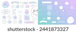 A set of illustrated decorations in gradient colors. Includes text frames, line borders, and other decorations. (Text translation: "Gradient design") Open path available. Editable.