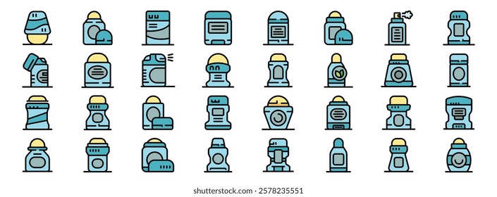 Set of illustrated deodorant icons in blue and yellow shades