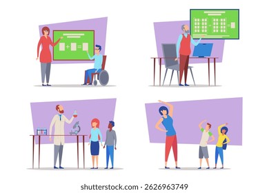 Set of illustrated education activities in various learning environments. Participants engaged in lessons on technology, science, and physical education