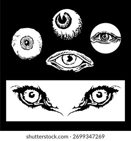 A set of illustrated eye with various style. Four vintage mystical eyes.