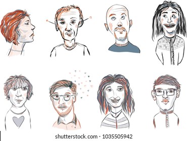 Set of illustrated human faces isolated on white background