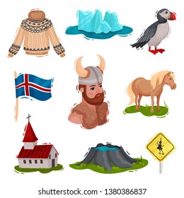 Set of illustrated Iceland sights. Vector on white background.