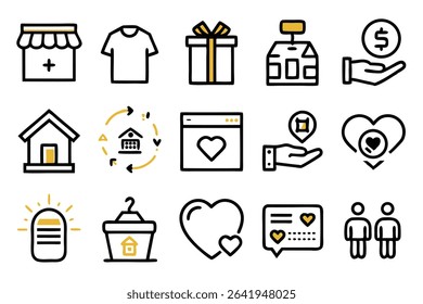 Set of illustrated line art icons featuring store front house gift donations and love themes