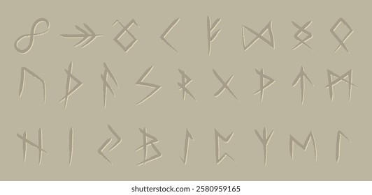 Set of Illustrated Line Art Nordic Runes. Collection of Onyx Carved Nordic Runes