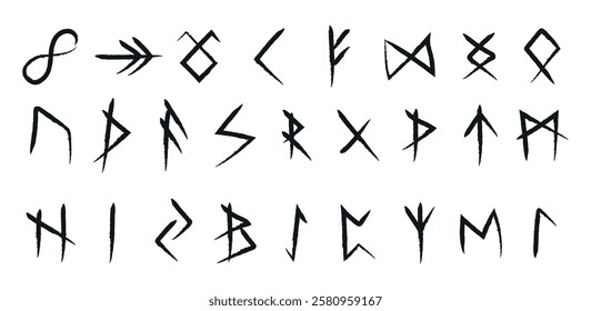 Set of Illustrated Line Art Nordic Runes. Collection of Onyx Carved Nordic Runes