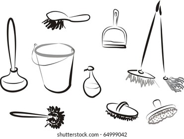 set of illustrated mops and cleaning stuff
