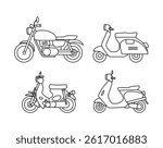 Set of Illustrated Motorcycle and Scooter Outline Drawings, Simple Line Art