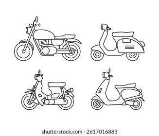 Set of Illustrated Motorcycle and Scooter Outline Drawings, Simple Line Art