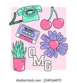 SET OF ILLUSTRATED OBJECTS, SLOGAN PRINT VECTOR