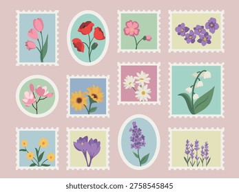 Set of illustrated postage stamps with spring flowers. Vector flowers in spring colors including daisy, poppy, lilac, lily of the valley, sunflower, tulip and lavender. Ideal for stickers, scrapbooking, stationery, invitations and packaging design.
