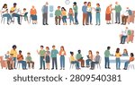 A set of illustrated scenes showcasing people in waiting rooms and clinic environments. Includes groups of adults, children and elderly individuals sitting, reading, talking, interacting with medical staff, and waiting with visible elements like chairs, water cooler and clock. Ideal for healthcare graphics, hospital branding, public facility projects, patient campaigns and creative waiting‑related content.