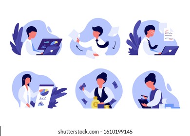 Set of illustrated scenes with various professions. Activities related to analytics and data processing. Search engine optimization specialist, office manager, text editor, financial director, auditor