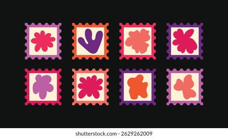 Set of illustrated stamps in a rough hand-sketched style — featuring sharp-edged stars, floral icons, and geometric patterns with a bold, artistic edge