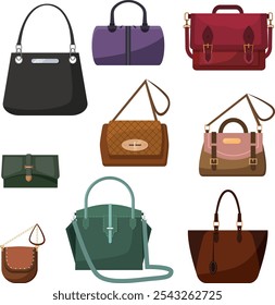 A set of illustrated women handbags.