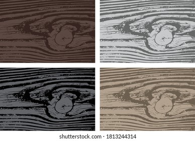 Set of illustrated wood grain textures in multiple colors. Black and white, gray and brown. Grungy distressed effect. Illustrator eps vector graphic designs.