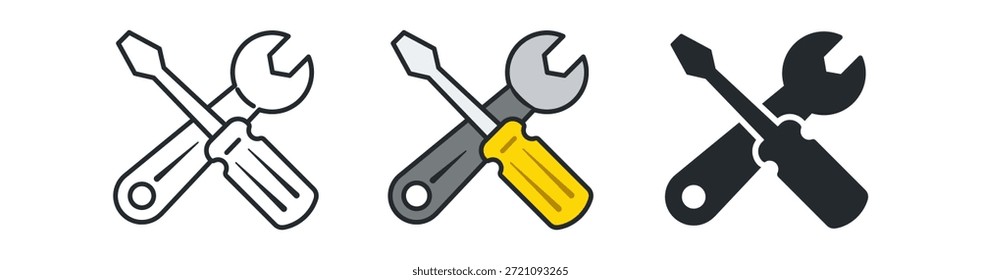 Ein Satz von bebilderten Schraubenschlüsseln und Schraubendrehern in verschiedenen Stilen, die Vielseitigkeit und Werkzeugdesign zeigen.