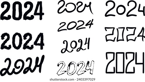 Set of illustration 2024 year black horizontal handwriting font. Vector. White background. Isolated typography bold text for logo design, flyer, banne