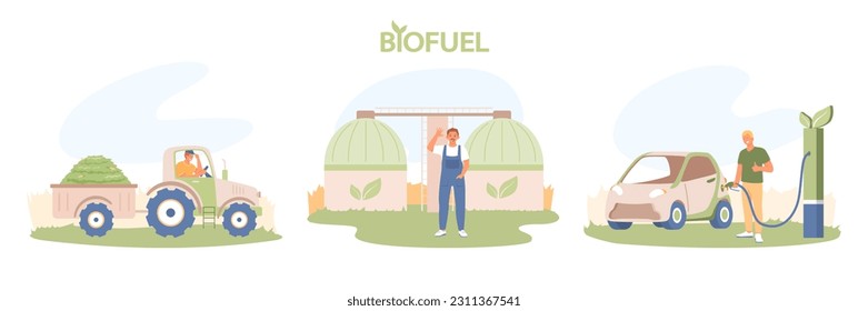 Set of illustration about biofuel. Using compost to produce green energy. Man carries plant residues, biomass to giant composters. Male character is charging electric car