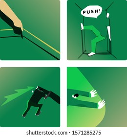 A Set Of Illustration About Pushing The Boundaries And Limit, Consist Of 4 Illustration Using Mainly Green Color