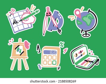 Set illustration about school, study, lessons. Vector cute stickers. Note, globe, compass and protractor, easel, calculator, pencil case.